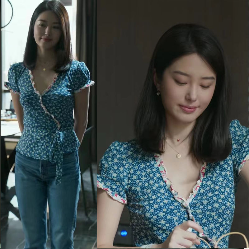 Joy Song 3 Fang Zhiheng Yang Caiyu Same Shirt Women's Summer French V-neck Fragmented Short Sleeve Lace Short Top